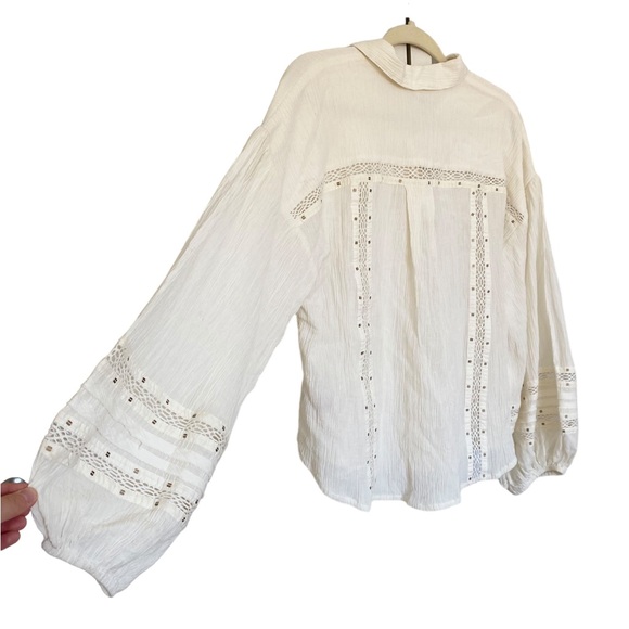 Free People Summer Stars White Cream Button Down Long Billowy Sleeve Size Medium - Picture 6 of 11